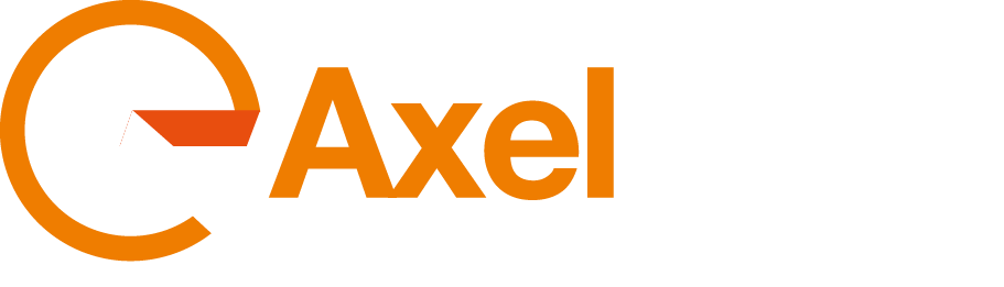 Logo for AxelTech featuring an orange geometric icon and the words AxelTech in bold orange and gray letters, with the slogan The shape of broadcasting to come in light gray underneath.